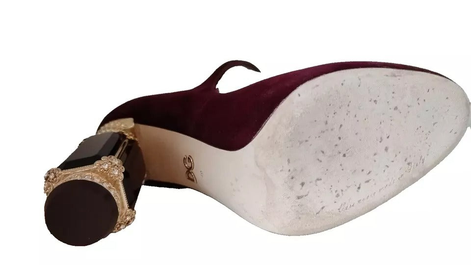 Dolce & Gabbana Red Velvet Gold Crystals Mary Janes Heels