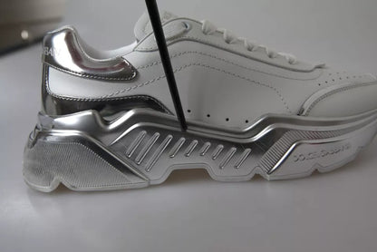 Dolce & Gabbana White Silver Daymaster Leather Sneakers