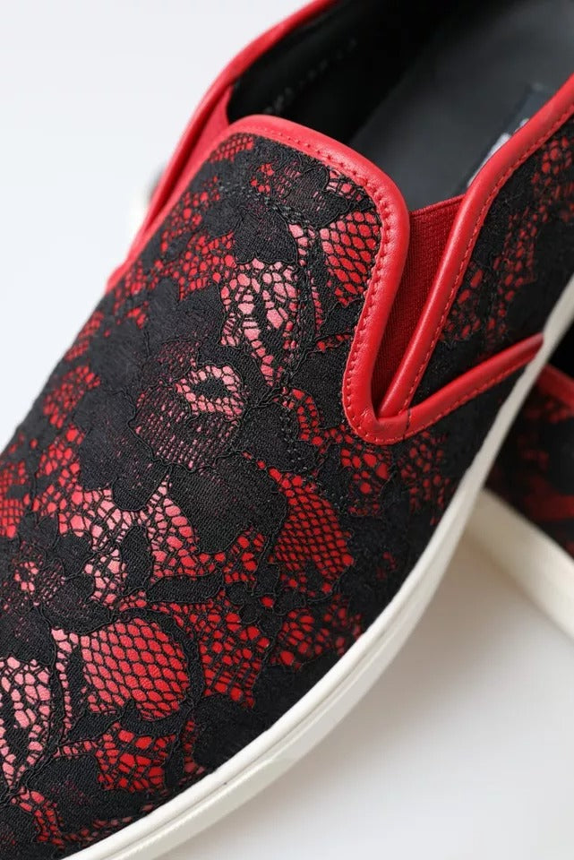Dolce & Gabbana Black & Red Lace Slip On Low Top Sneakers