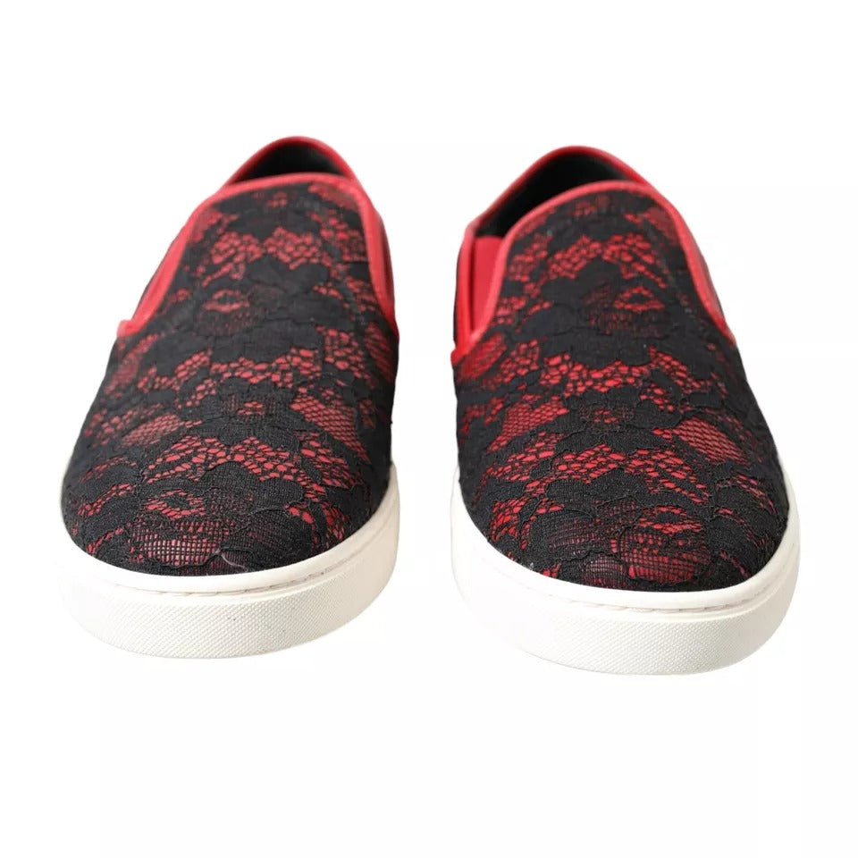 Dolce & Gabbana Black & Red Lace Slip On Low Top Sneakers