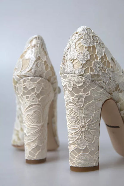 Dolce & Gabbana White Lace Crystals Heeled Sandals