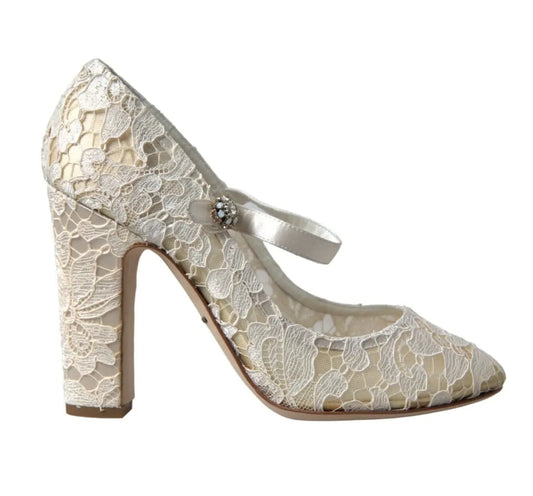 Dolce & Gabbana White Lace Crystals Heeled Sandals