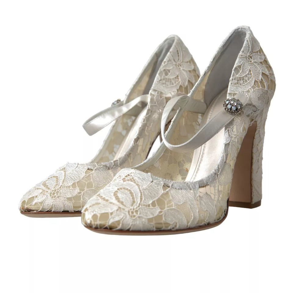 Dolce & Gabbana White Lace Crystals Heeled Sandals