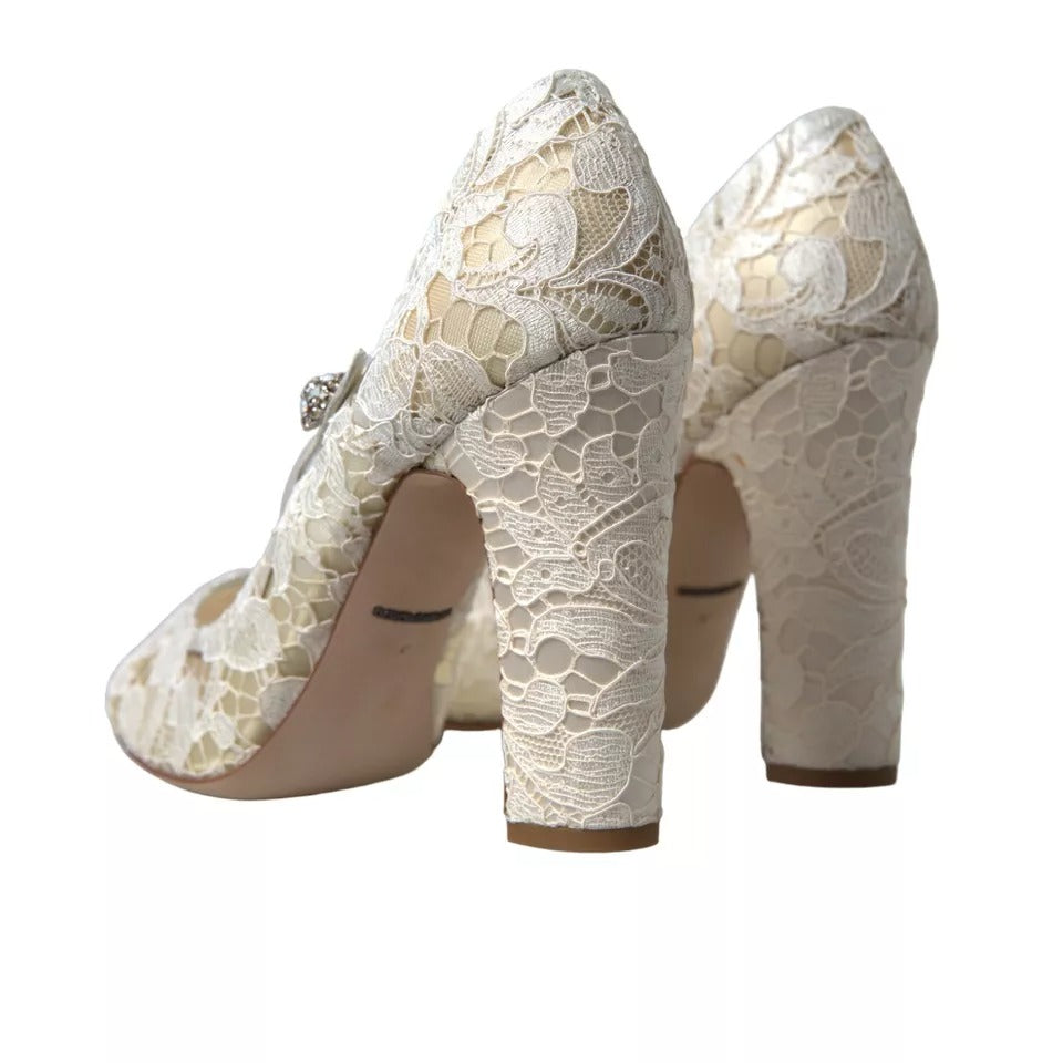 Dolce & Gabbana White Lace Crystals Heeled Sandals