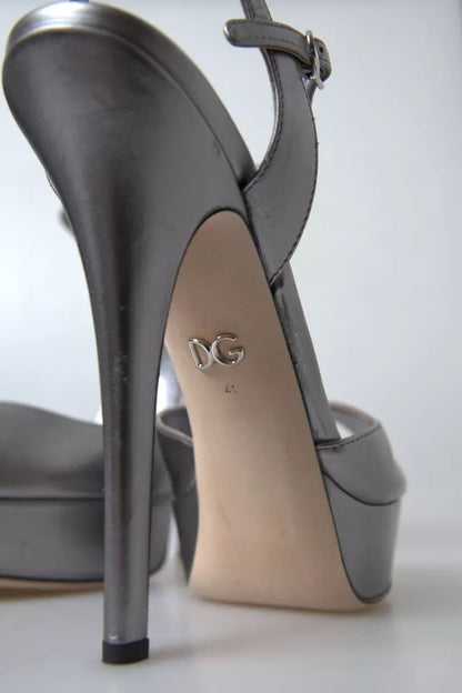 Dolce & Gabbana Silver Leather Platform Sandal Heels