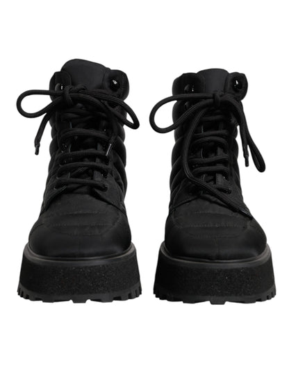 Dolce & Gabbana Black Padded Mid Calf Lace Up Boots