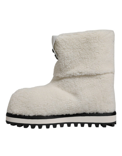 Dolce & Gabbana White Plush Logo Padded Mid Calf Boots