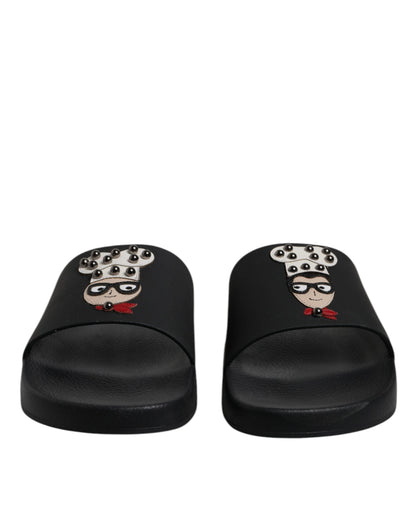 Dolce & Gabbana Black Leather Slides Sandals - Luxurious Beachwear