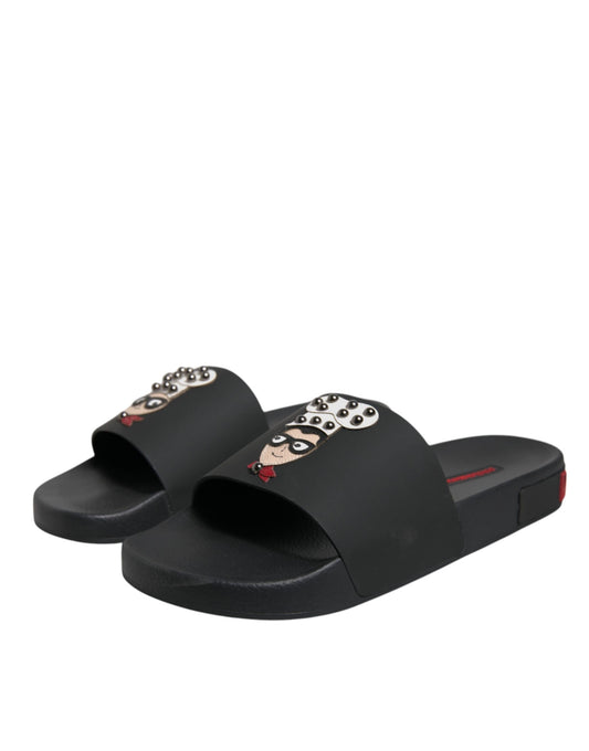 Dolce & Gabbana Black Leather Slides Sandals - Luxurious Beachwear