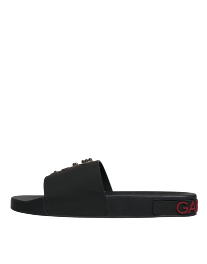 Dolce & Gabbana Black Leather Slides Sandals - Luxurious Beachwear