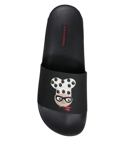 Dolce & Gabbana Black Leather Slides Sandals - Luxurious Beachwear
