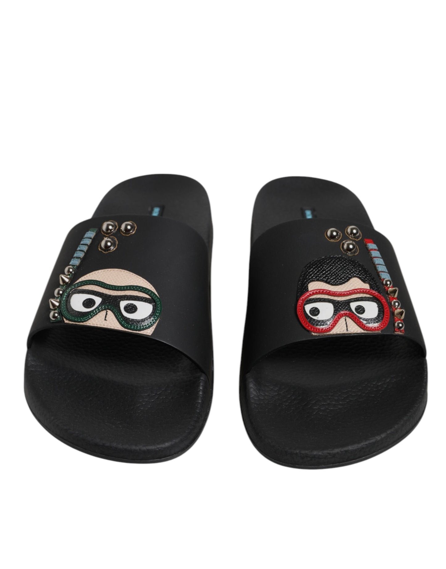 Dolce & Gabbana Black Divers Leather Flats Slides Sandals