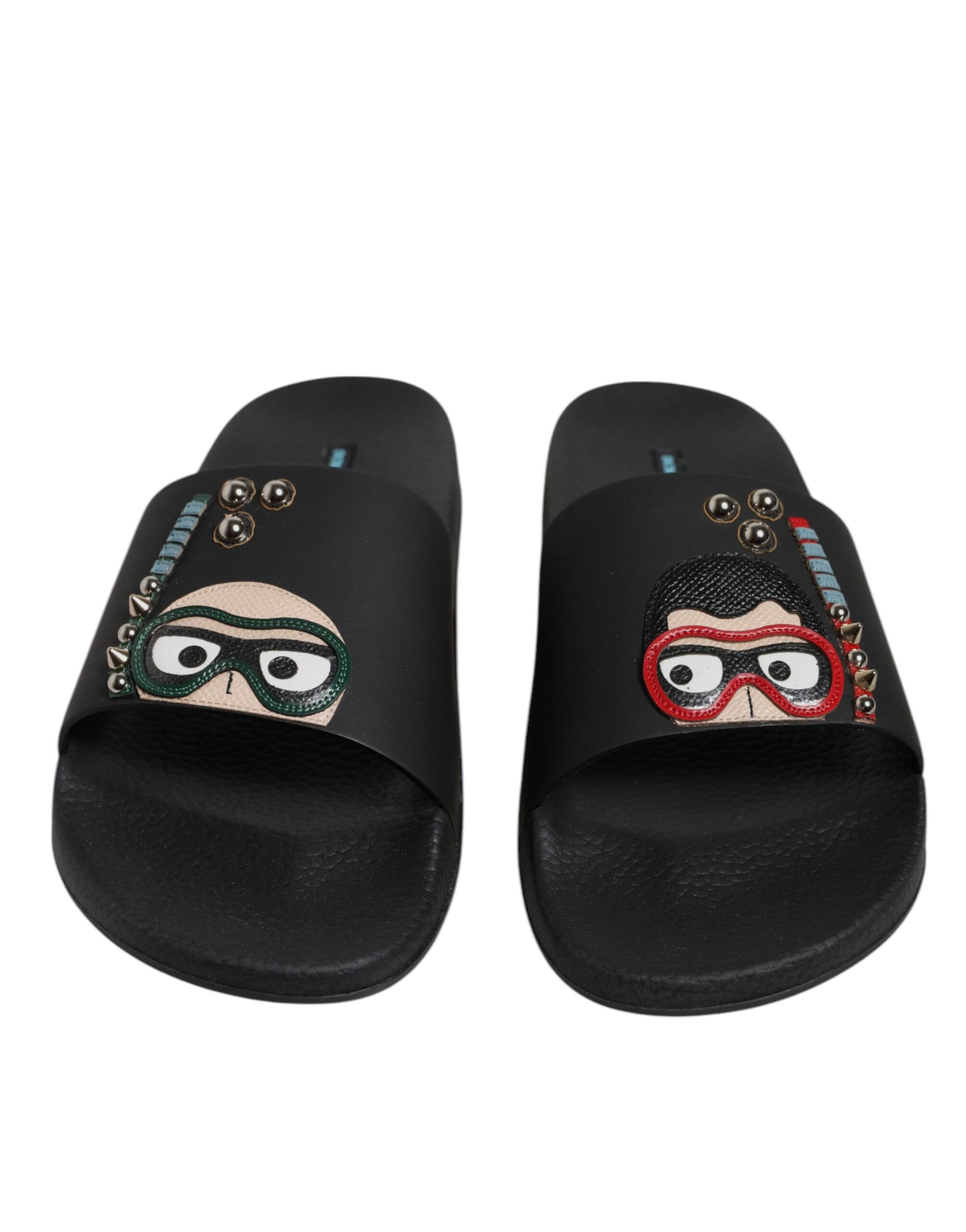Dolce & Gabbana Black Divers Leather Flats Slides Sandals