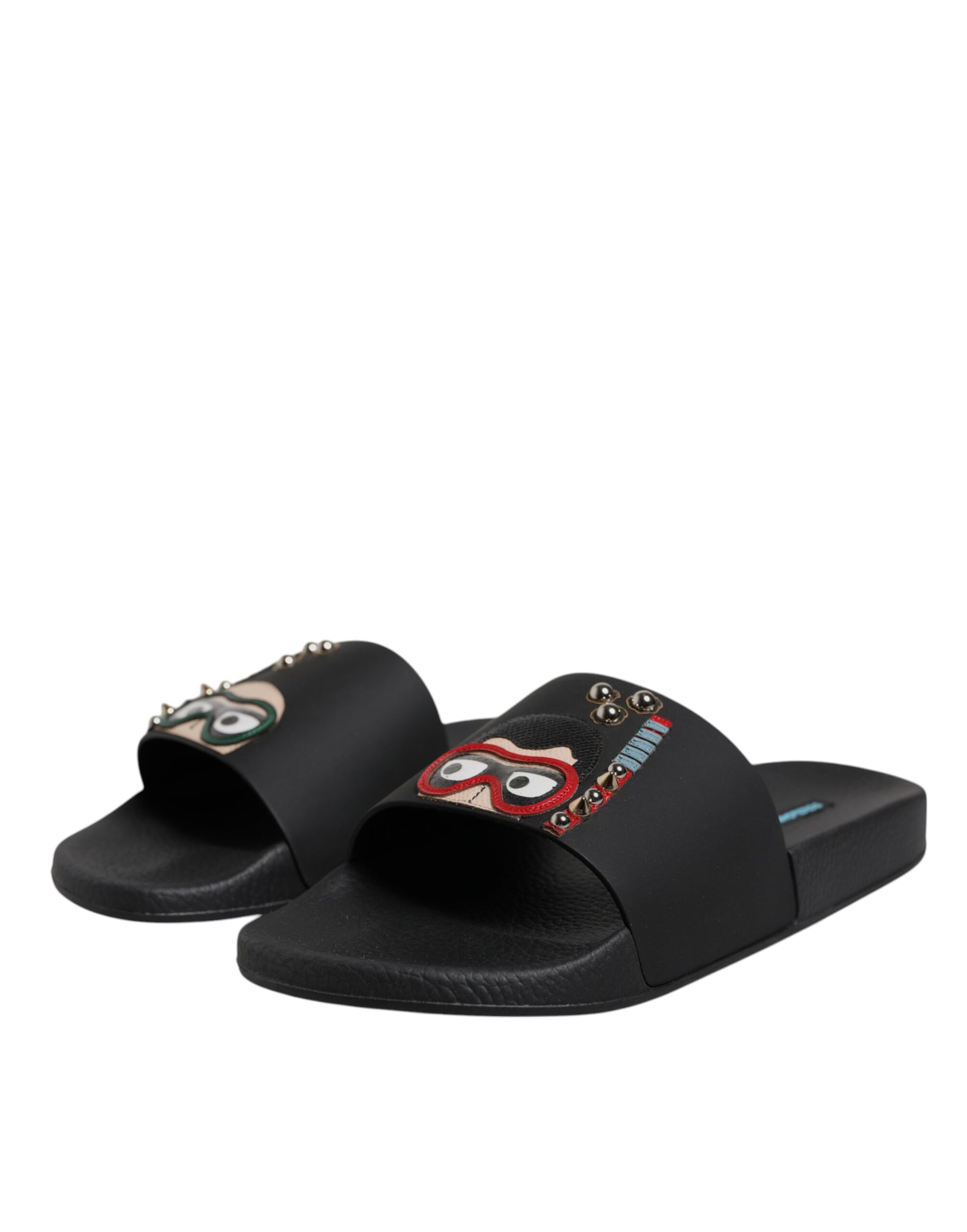 Dolce & Gabbana Black Divers Leather Flats Slides Sandals