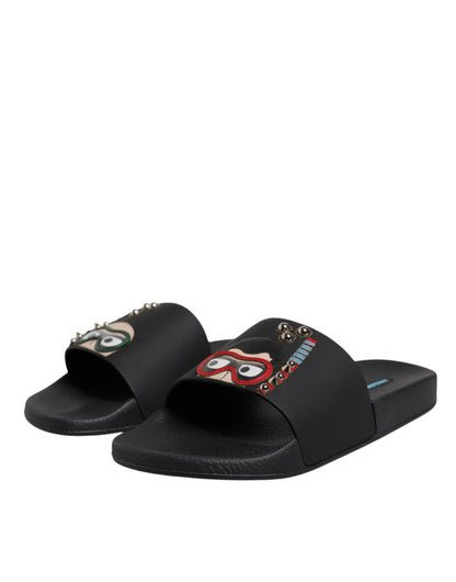 Dolce & Gabbana Black Divers Leather Flats Slides Sandals