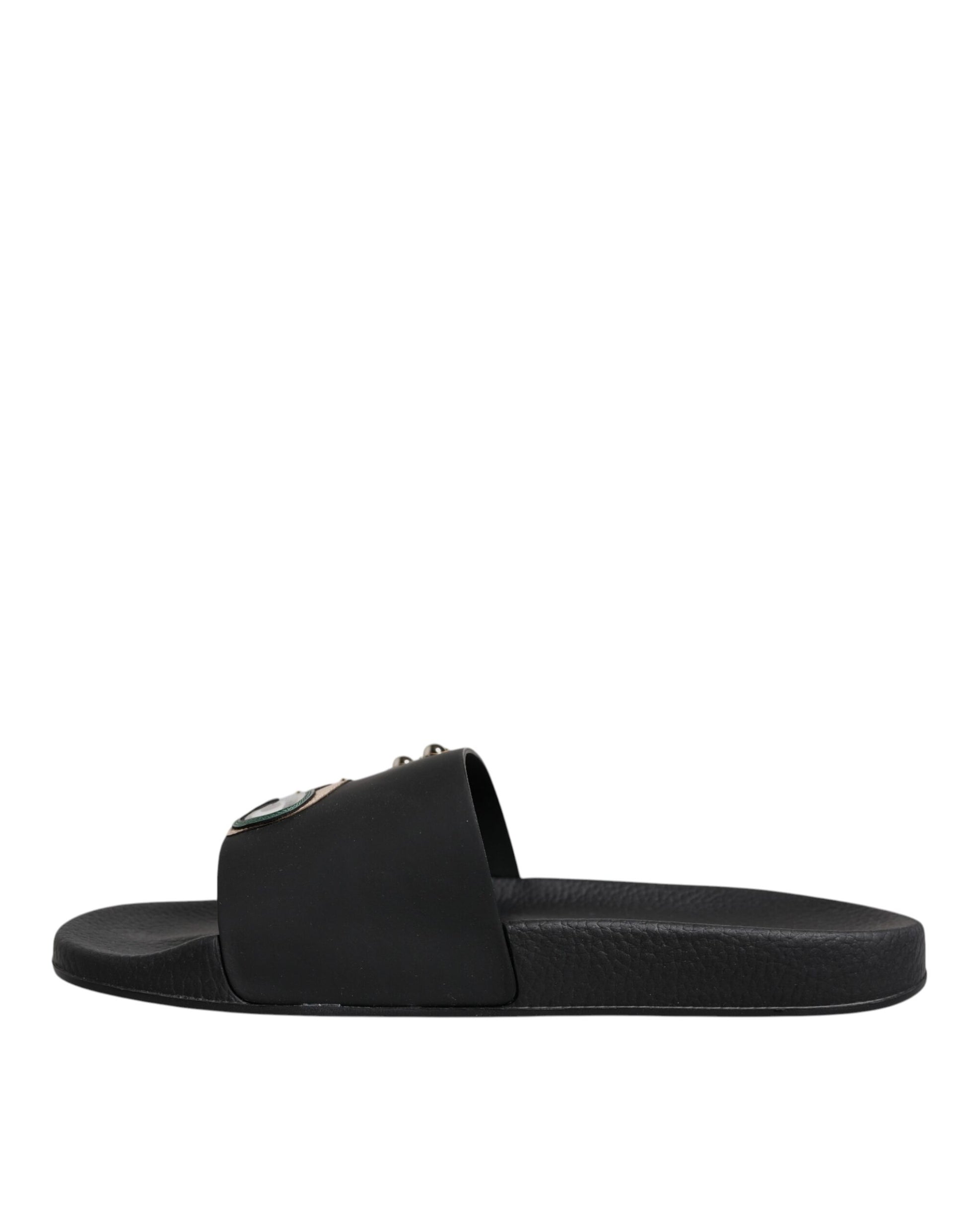 Dolce & Gabbana Black Divers Leather Flats Slides Sandals