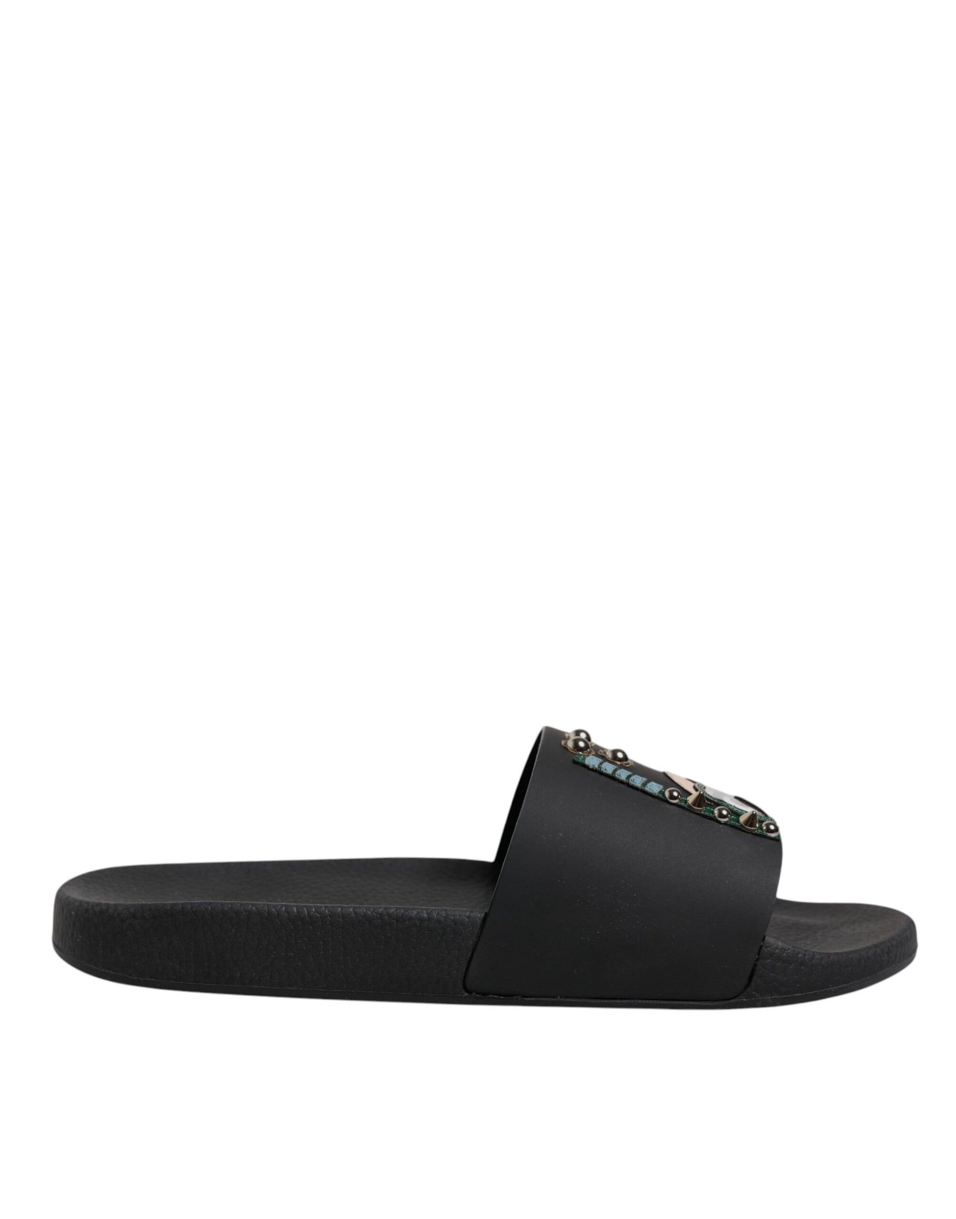 Dolce & Gabbana Black Divers Leather Flats Slides Sandals