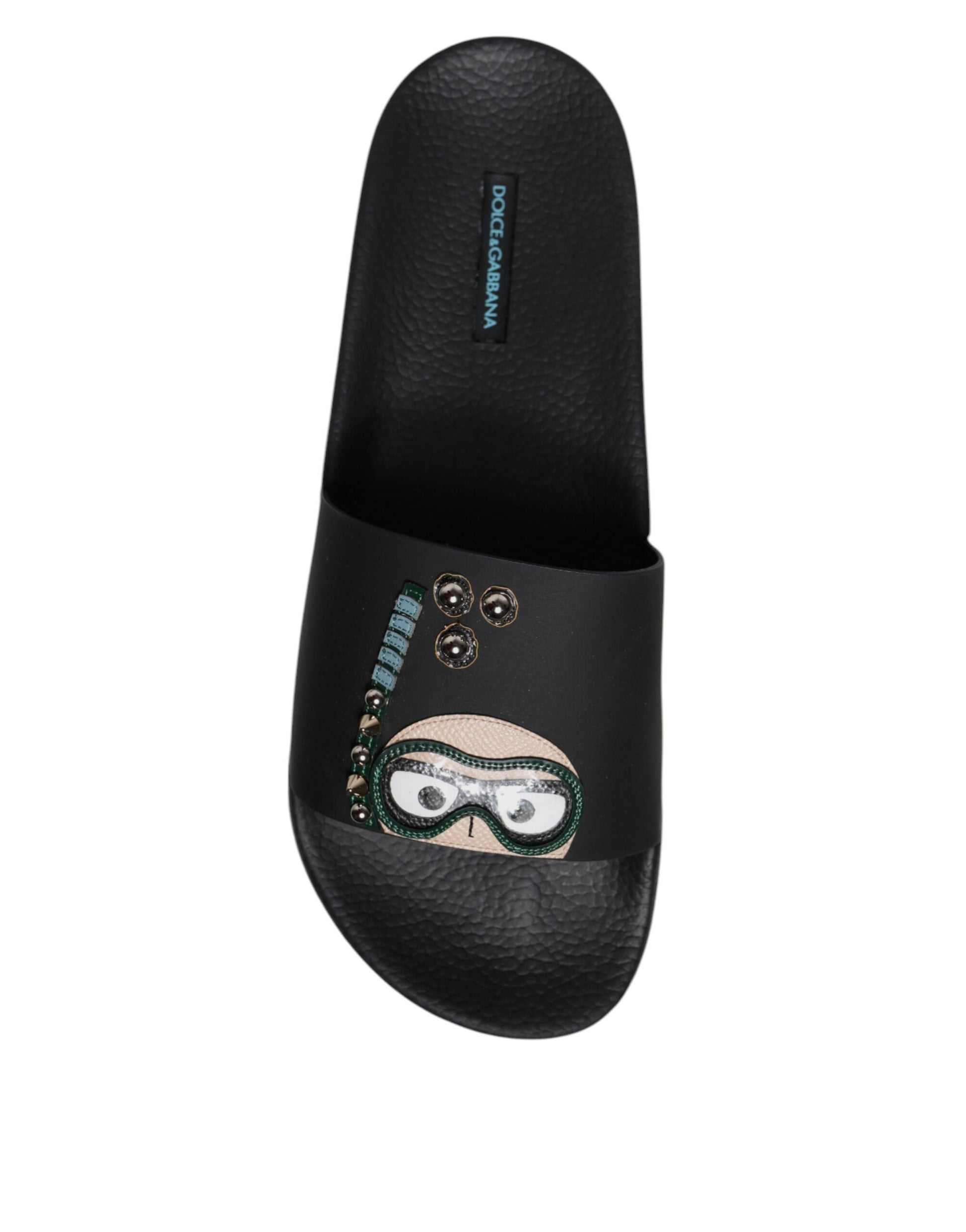 Dolce & Gabbana Black Divers Leather Flats Slides Sandals