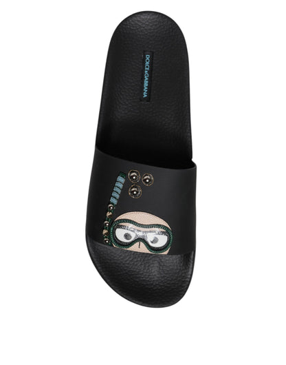 Dolce & Gabbana Black Divers Leather Flats Slides Sandals