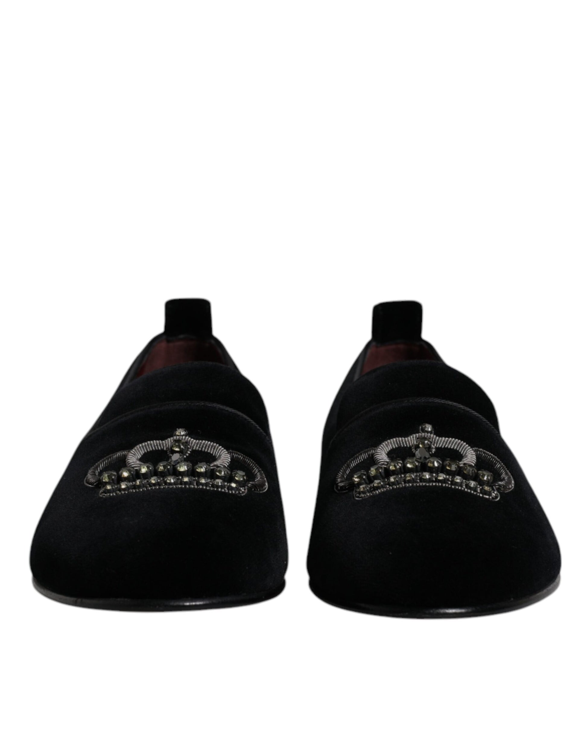 Dolce & Gabbana Black Velvet Crystal Crown Loafers