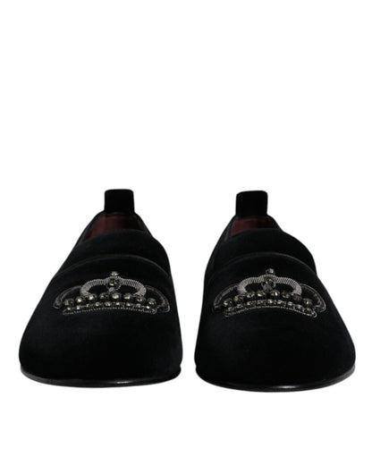 Dolce & Gabbana Black Velvet Crystal Crown Loafers