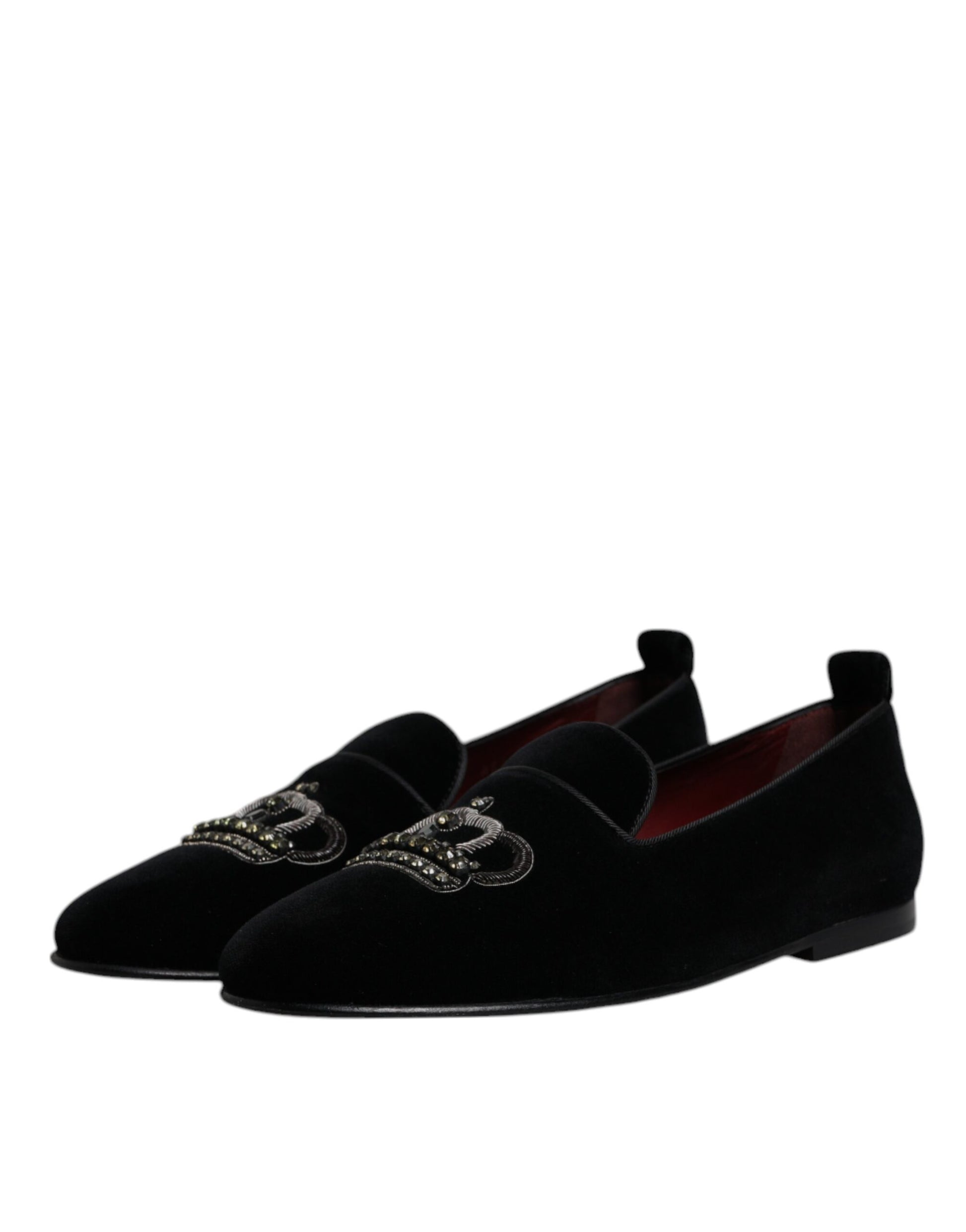 Dolce & Gabbana Black Velvet Crystal Crown Loafers
