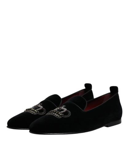 Dolce & Gabbana Black Velvet Crystal Crown Loafers