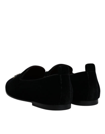 Dolce & Gabbana Black Velvet Crystal Crown Loafers
