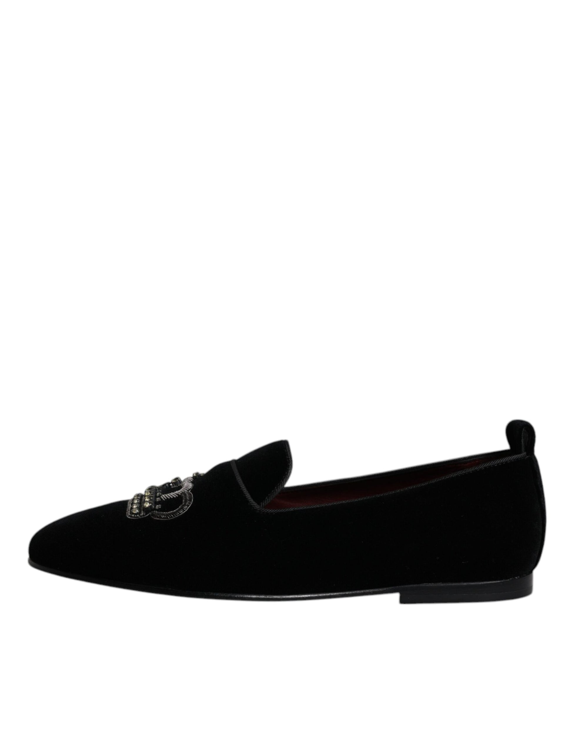 Dolce & Gabbana Black Velvet Crystal Crown Loafers