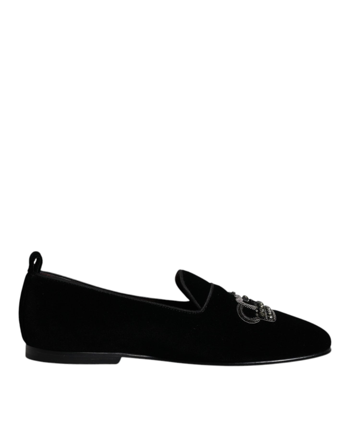 Dolce & Gabbana Black Velvet Crystal Crown Loafers