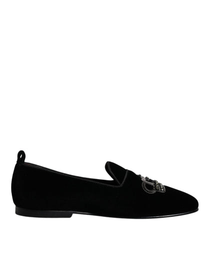 Dolce & Gabbana Black Velvet Crystal Crown Loafers