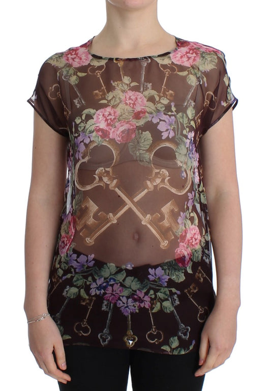  - Elegant Floral Silk Blouse with Cap Sleeves