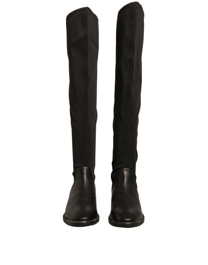 MY TWIN Black Leather Suede Flats High Boots Shoes - Elegant Style and Comfort