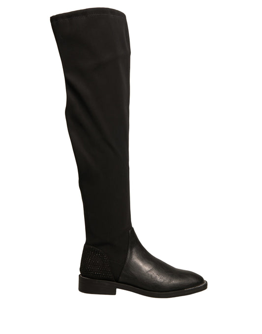 MY TWIN Black Leather Suede Flats High Boots Shoes - Elegant Style and Comfort