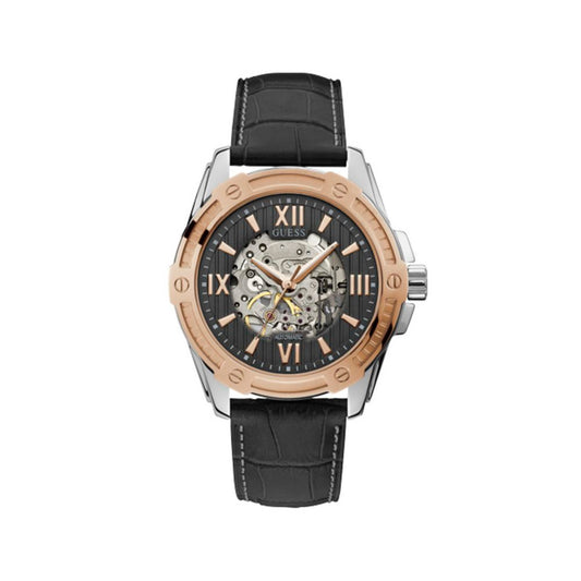 Guess Men’s Watch, Automatic Movement, Black Leather Strap