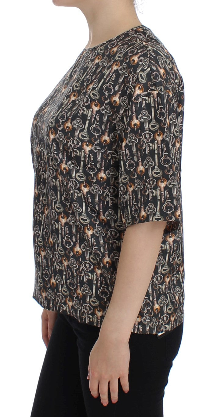  - Enchanted Sicily Silk Blouse with Medieval Keys Print