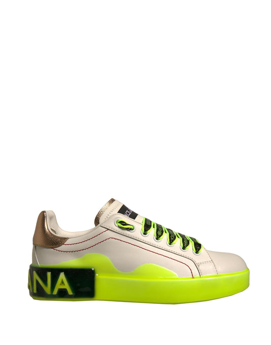 Dolce & Gabbana White Yellow Portofino Leather Sneakers