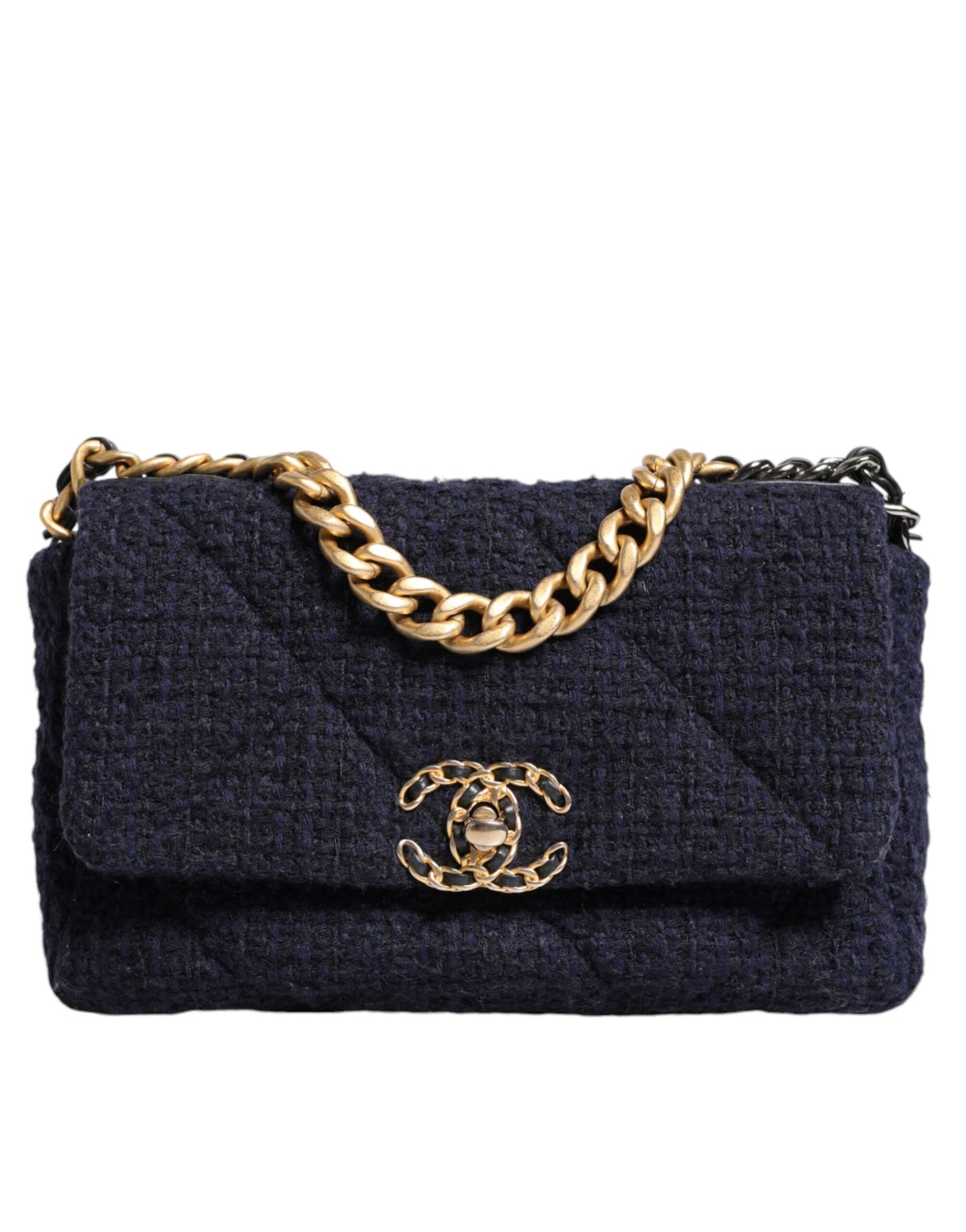 Chanel 19 Medium Flap Bag in Dark Blue Tweed with Gold & Silver Chain – Preowned