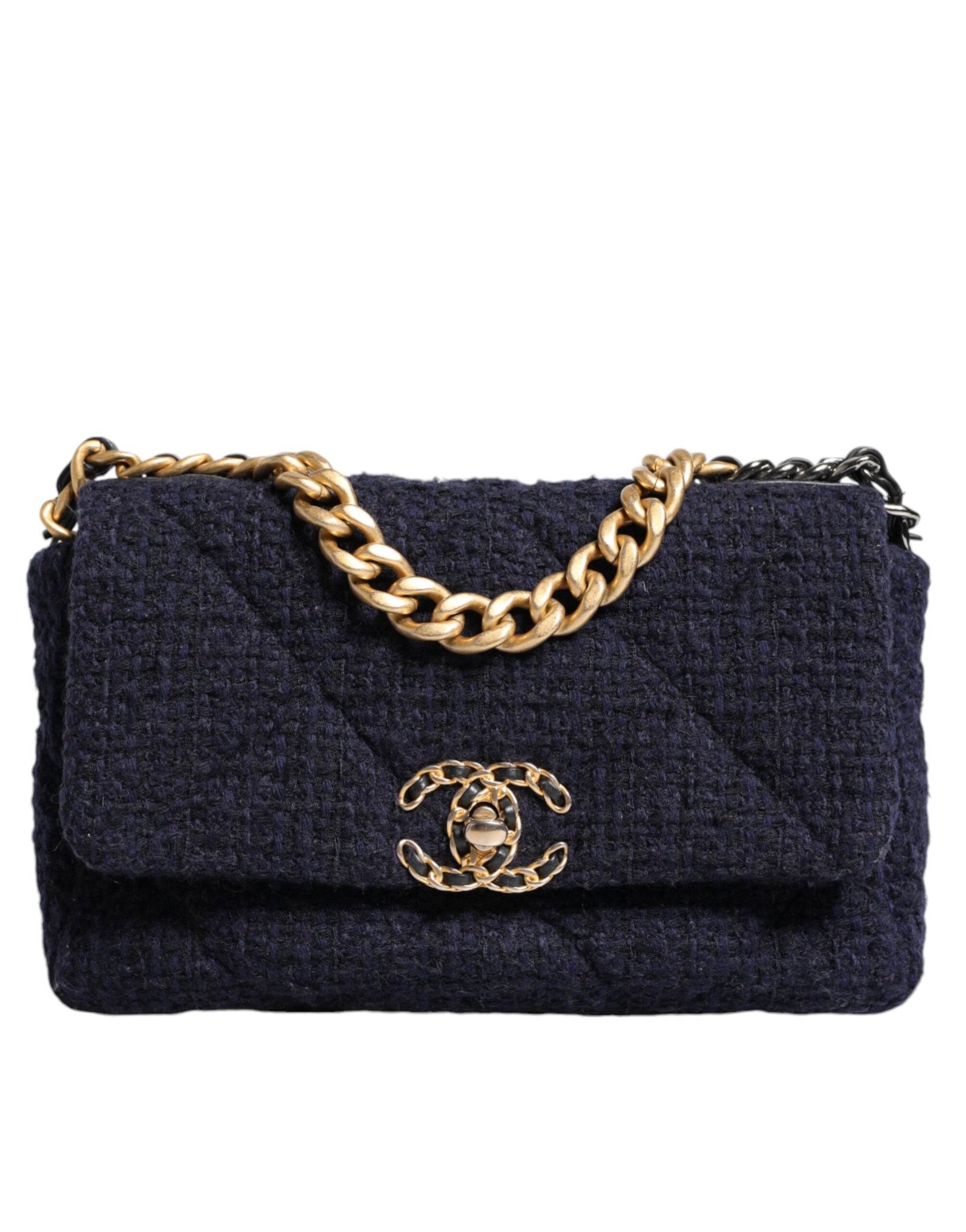 Chanel 19 Medium Flap Bag in Dark Blue Tweed with Gold & Silver Chain – Preowned