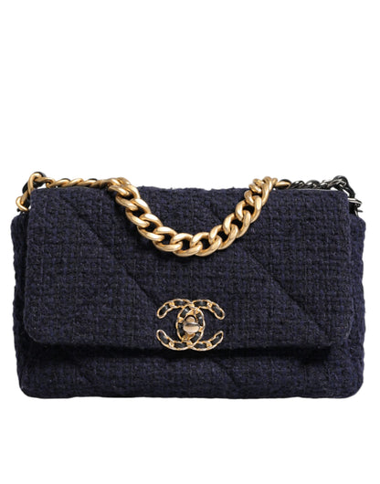 Chanel 19 Medium Flap Bag in Dark Blue Tweed with Gold & Silver Chain – Preowned