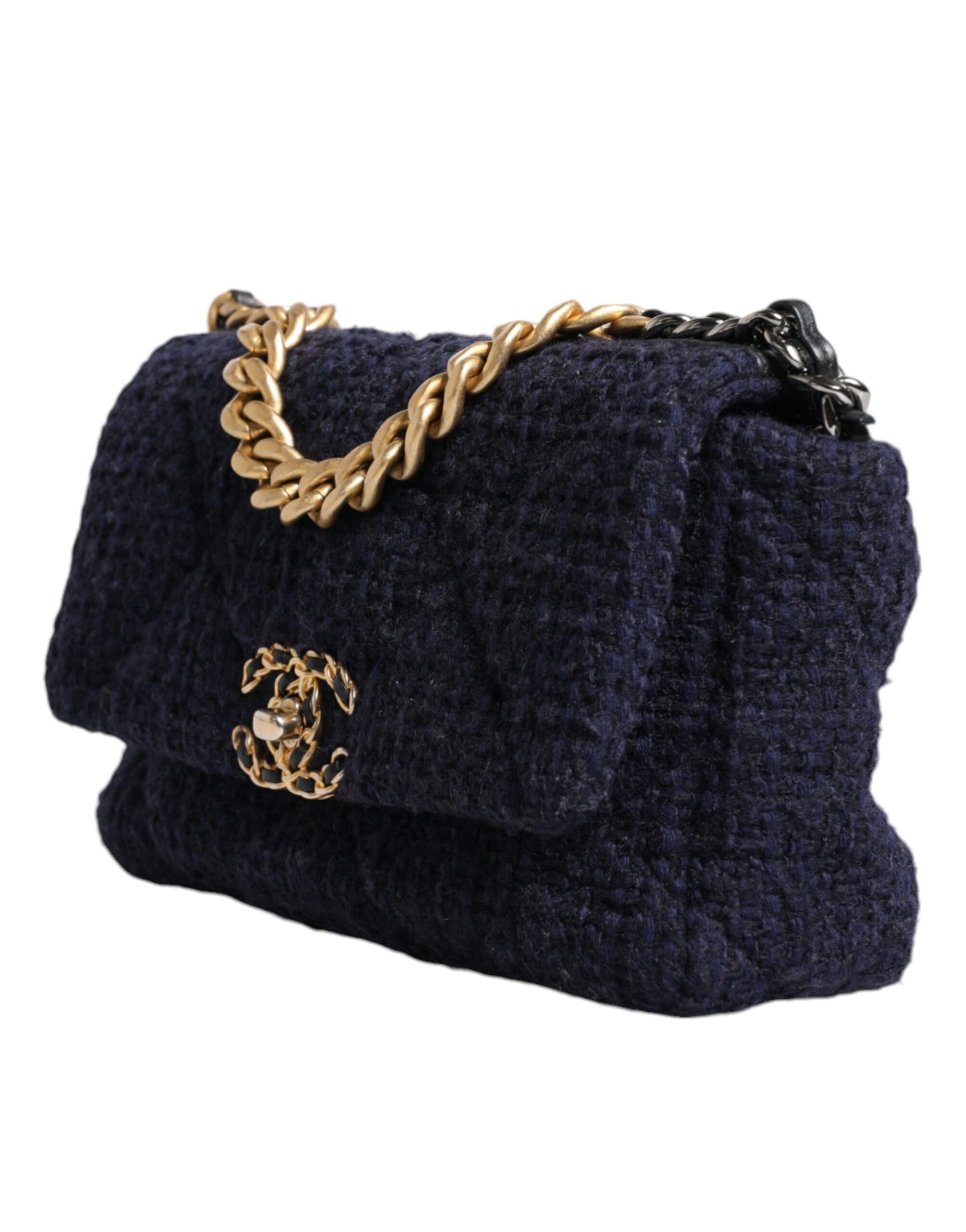 Chanel 19 Medium Flap Bag in Dark Blue Tweed with Gold & Silver Chain – Preowned