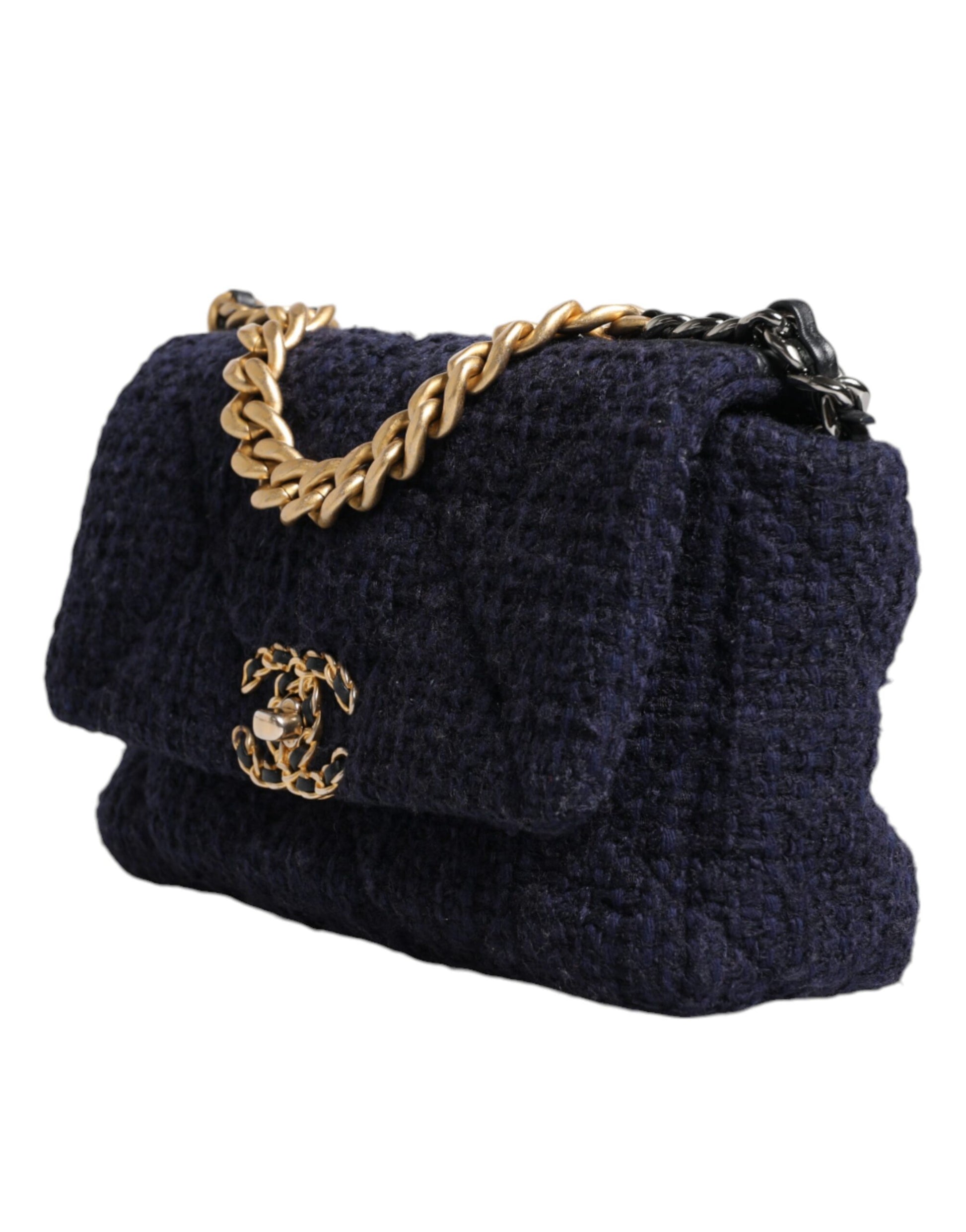 Chanel 19 Medium Flap Bag in Dark Blue Tweed with Gold & Silver Chain – Preowned