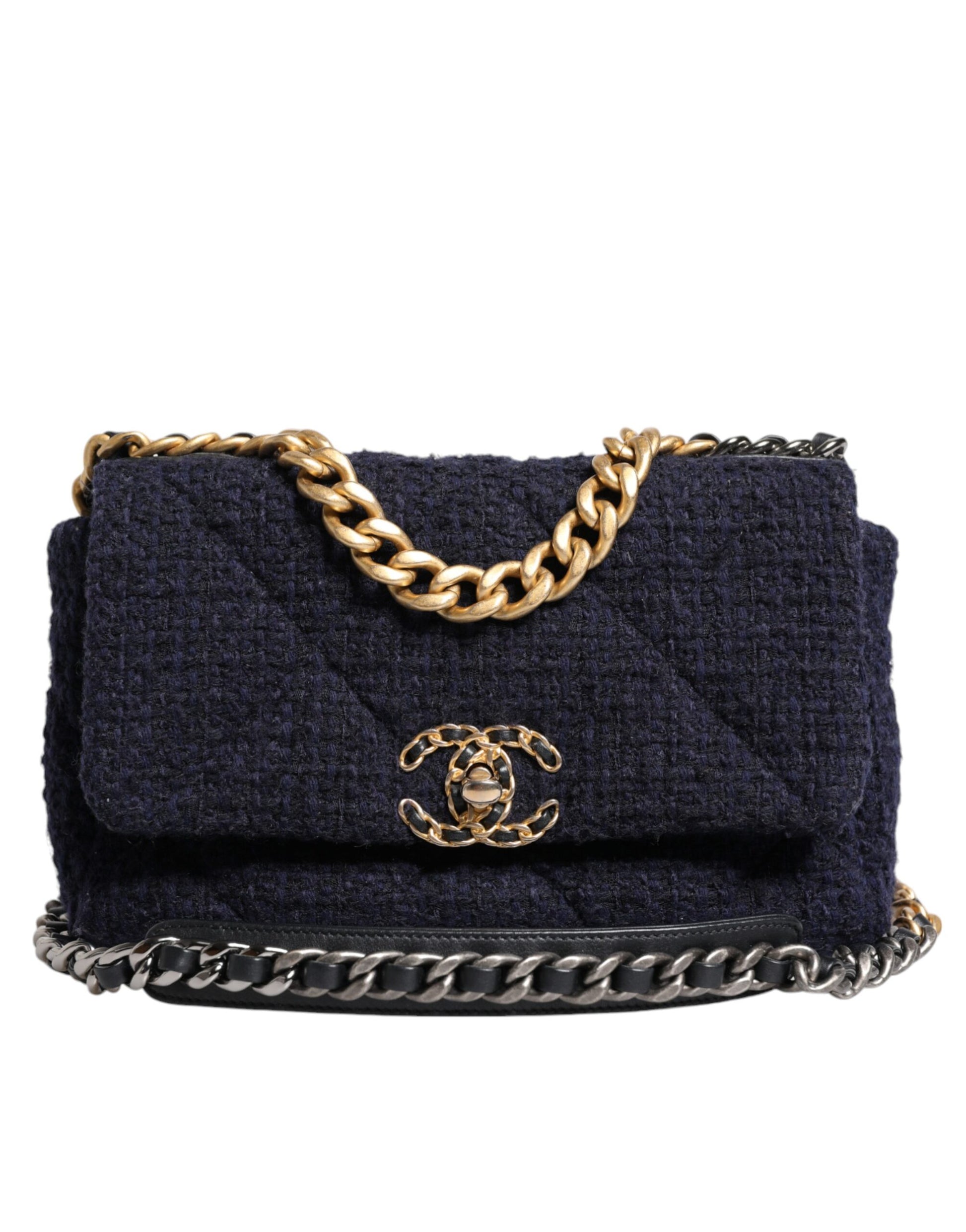 Chanel 19 Medium Flap Bag in Dark Blue Tweed with Gold & Silver Chain – Preowned