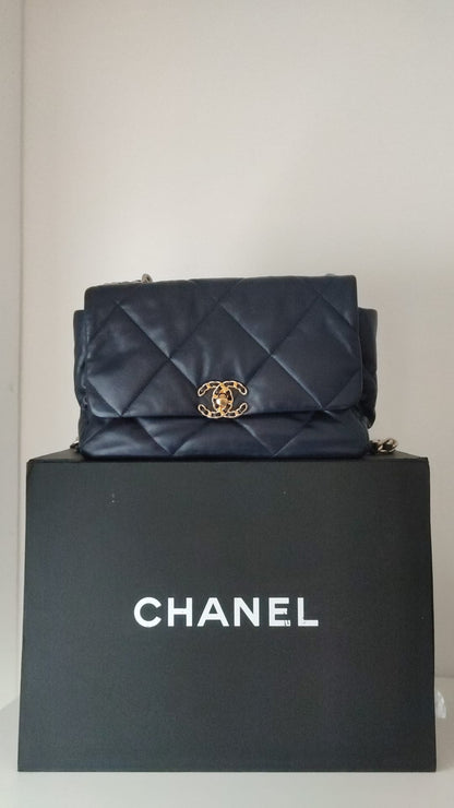Chanel 19 Large Quilted Lambskin Shoulder Bag – Blue Leather with Gold & Silver Chain