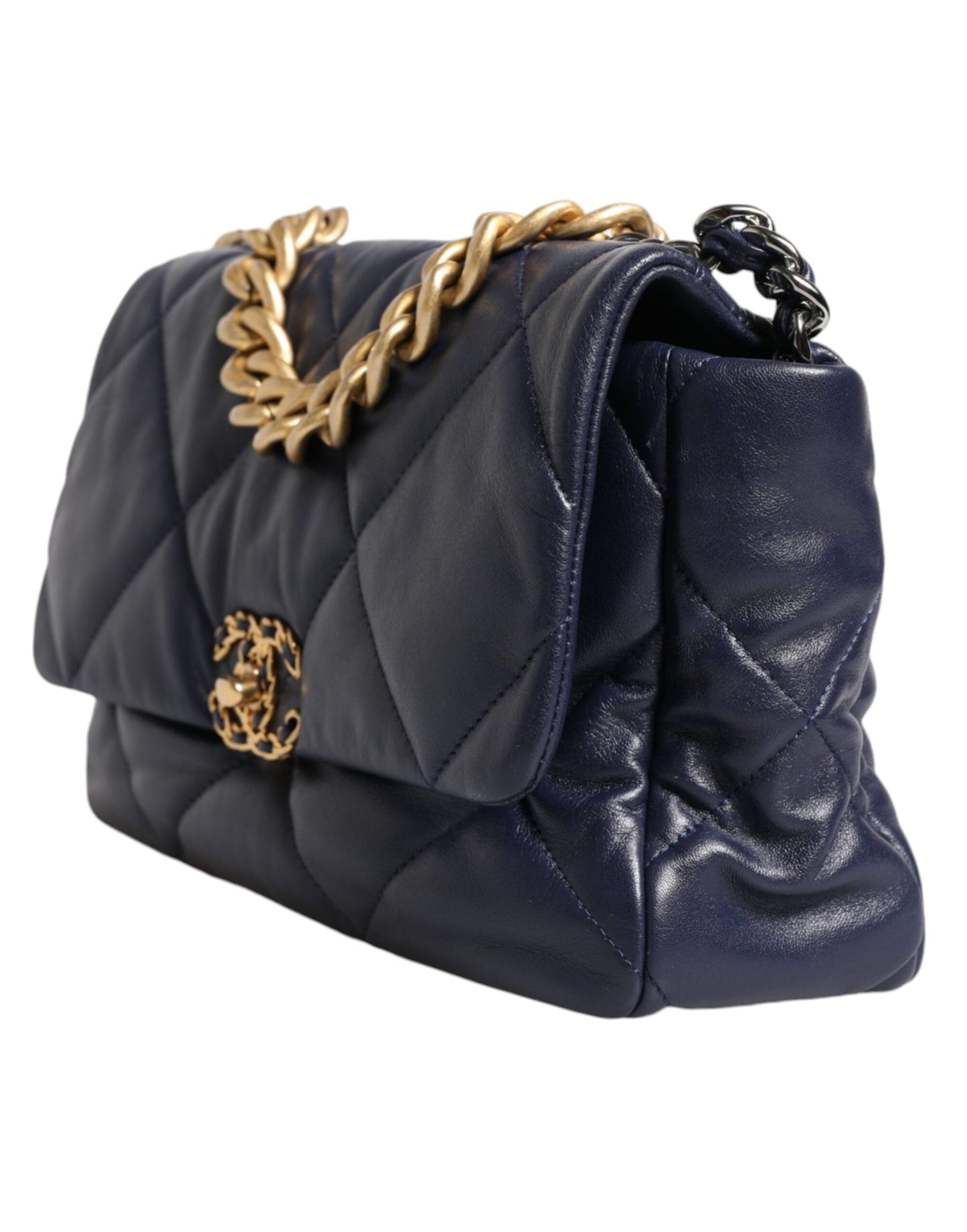 Chanel 19 Large Quilted Lambskin Shoulder Bag – Blue Leather with Gold & Silver Chain