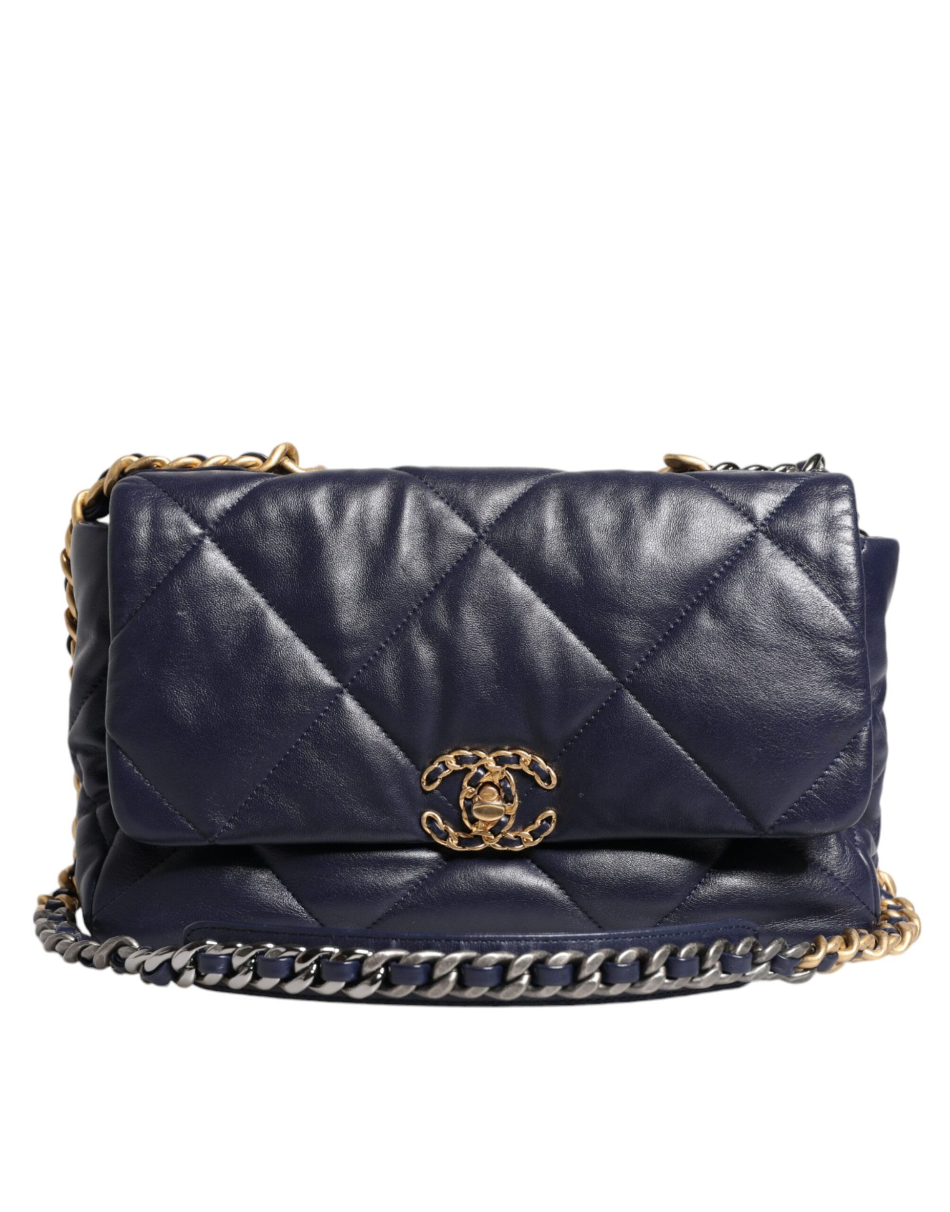 Chanel 19 Large Quilted Lambskin Shoulder Bag – Blue Leather with Gold & Silver Chain