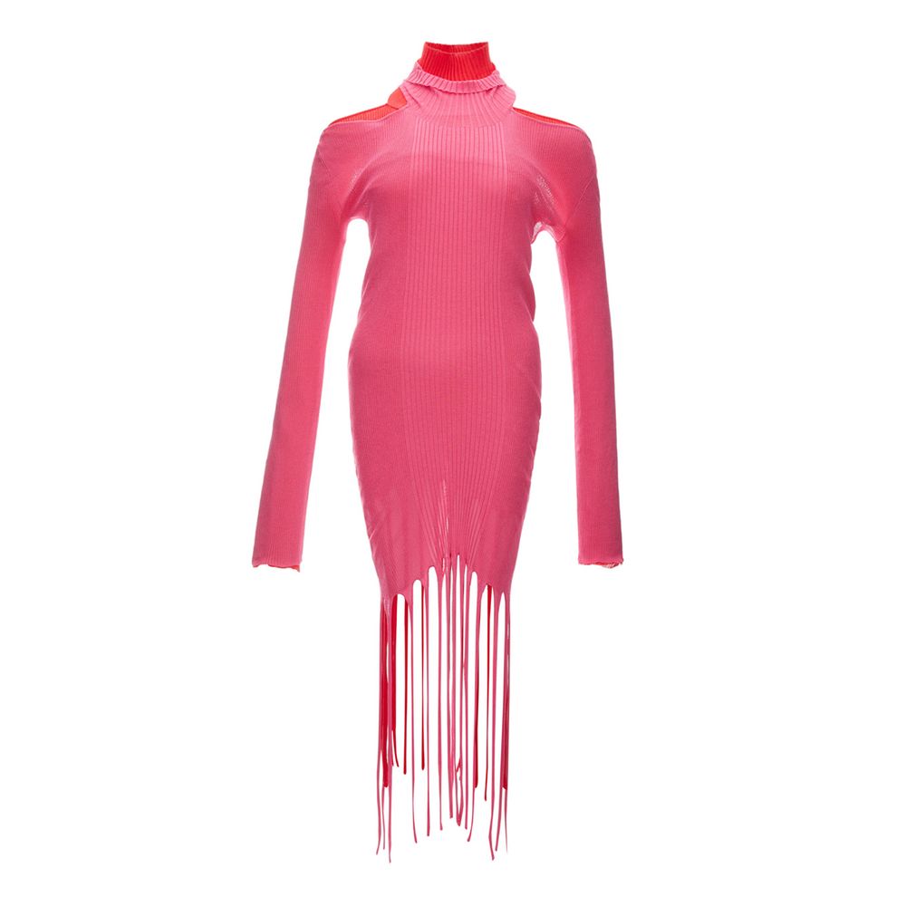 Bottega Veneta Pink & Red Long Sleeve Knit Fringed Dress