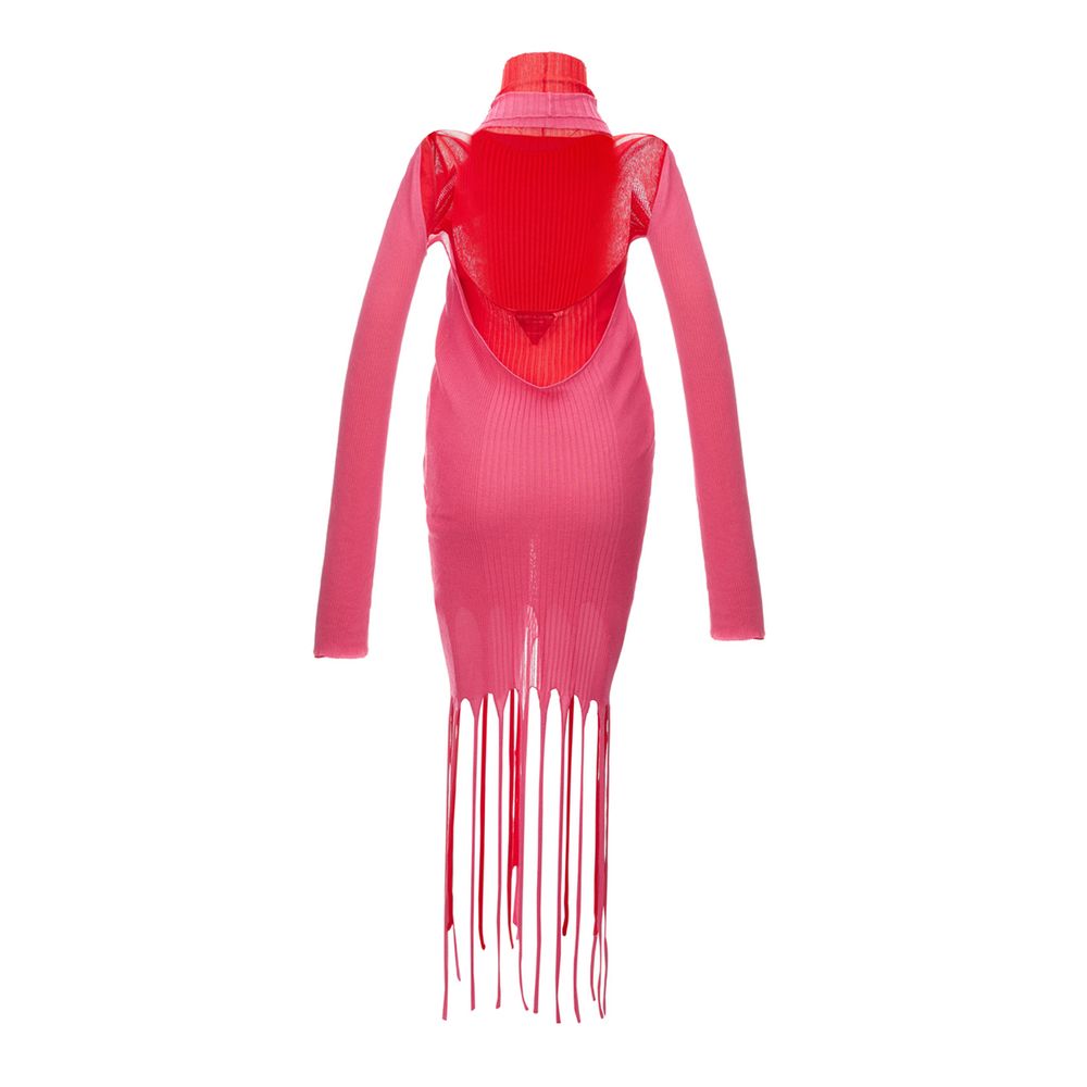 Bottega Veneta Pink & Red Long Sleeve Knit Fringed Dress