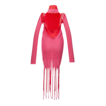Bottega Veneta Pink & Red Long Sleeve Knit Fringed Dress