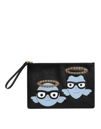 Dolce & Gabbana Black Leather #DGFAMILY Embellished Men's Zip Pouch Bag